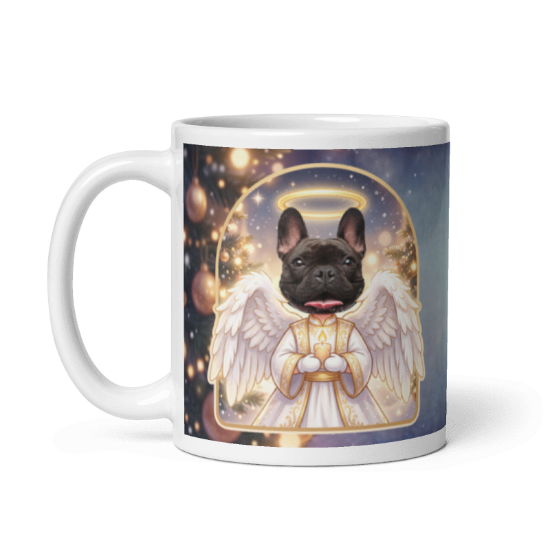 The same dog angel mug with the handle on the left, the dog's face still showing