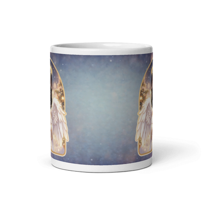 Back of the dog angel mug showing a soft blue starry sky