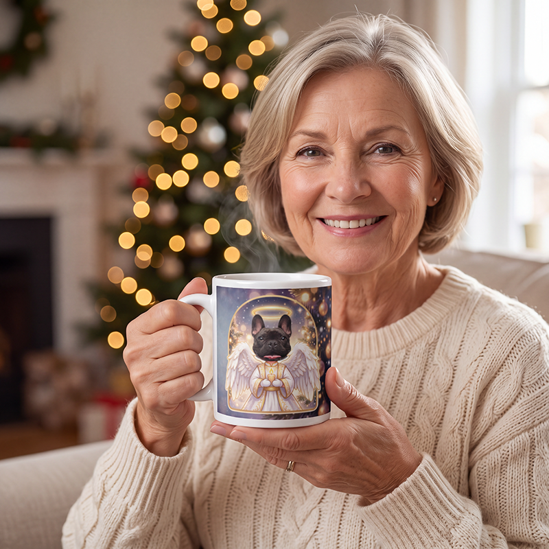Dog angel photo mug held in hand to show the size