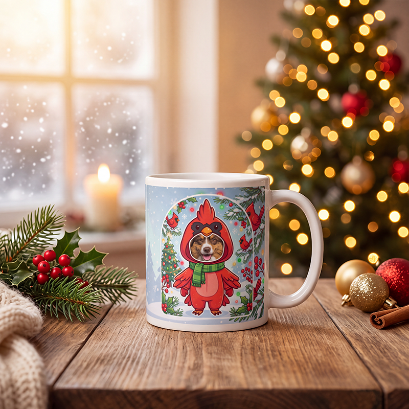 Personalized dog cardinal mug with a dog's face, on a wooden table with a lit Christmas tree and a frosted window behind