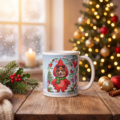 Personalized dog cardinal mug with a dog's face, on a wooden table with a lit Christmas tree and a frosted window behind