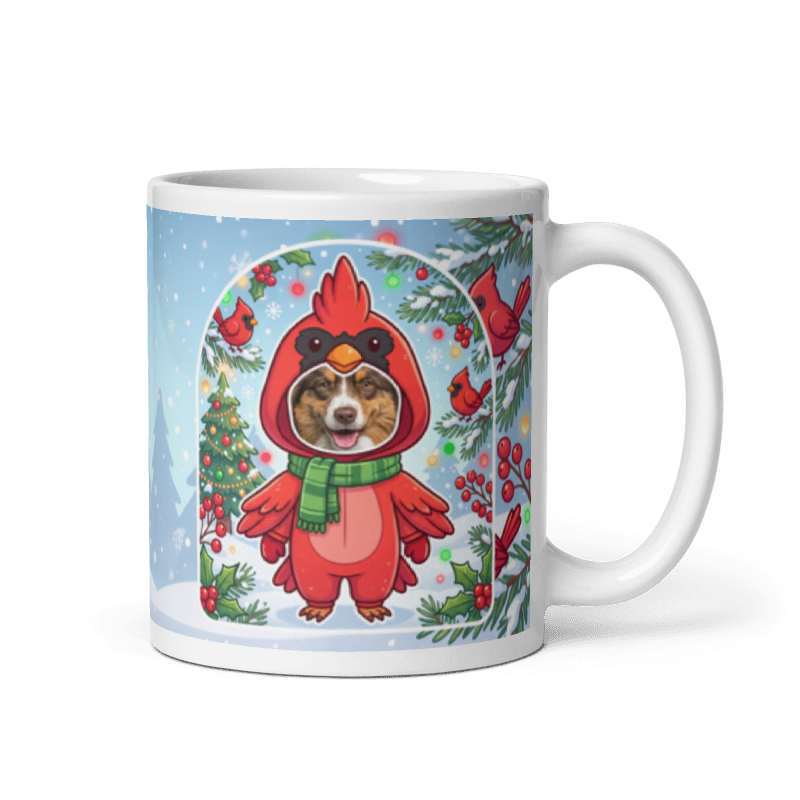 Dog cardinal photo mug with the handle on the right, the dog's face printed on the front