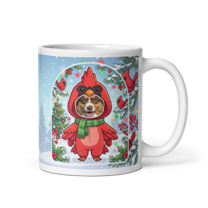 Dog cardinal photo mug with the handle on the right, the dog's face printed on the front