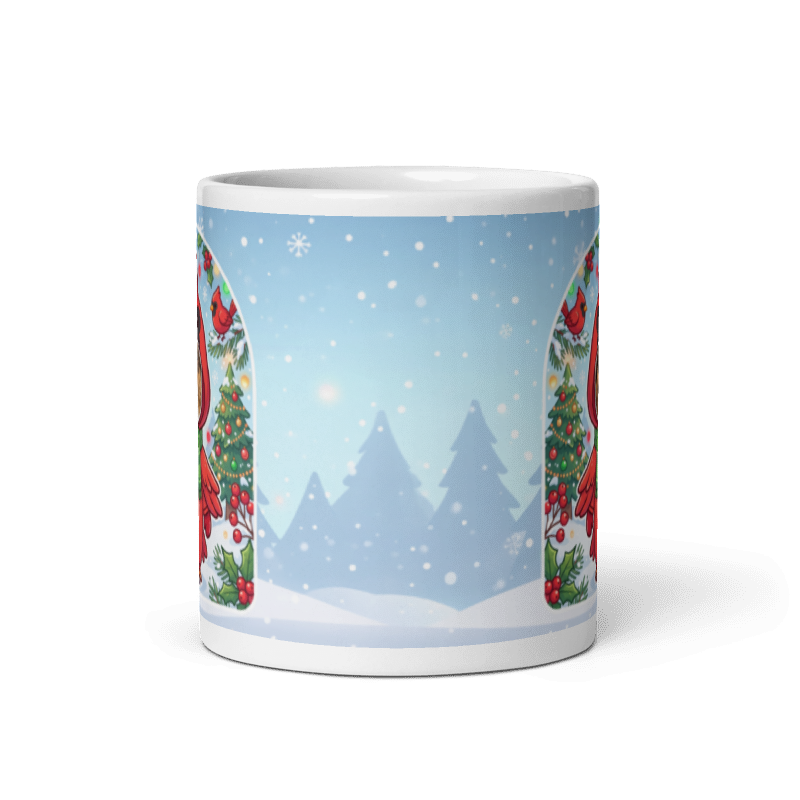 Back of the dog cardinal mug showing a pale blue winter scene with snowy pine trees