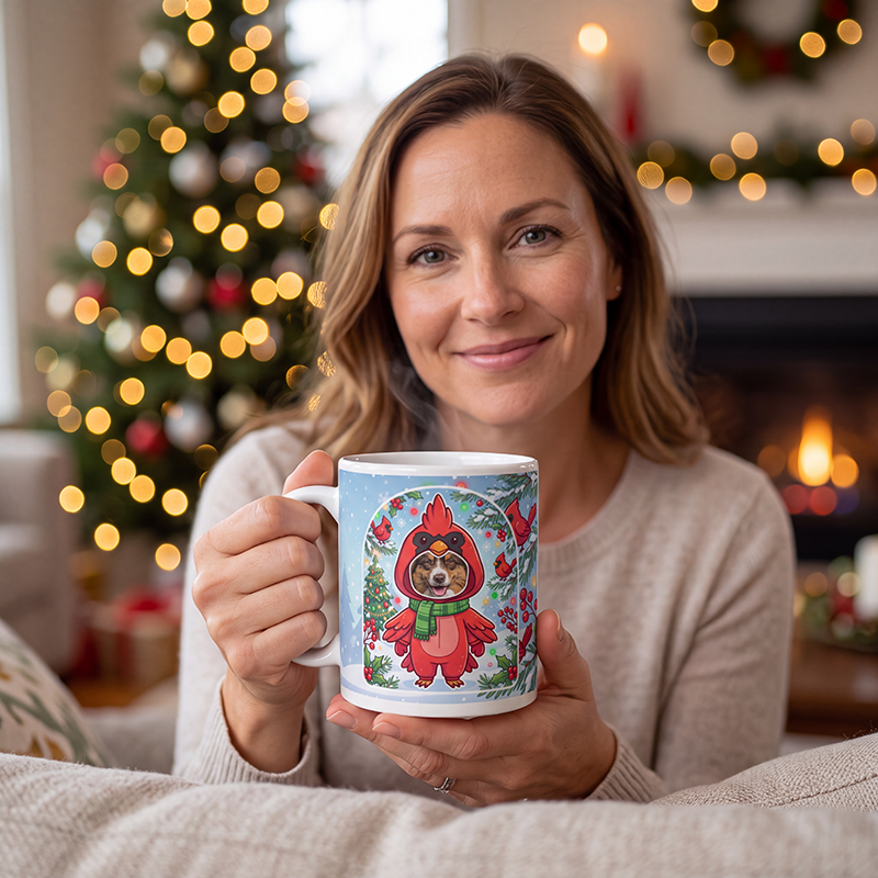 Dog cardinal photo mug held in both hands to show the size