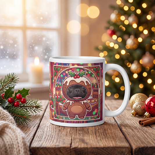 Personalized dog Christmas pudding mug with a dog's face, on a wooden table with a lit Christmas tree and a frosted window behind