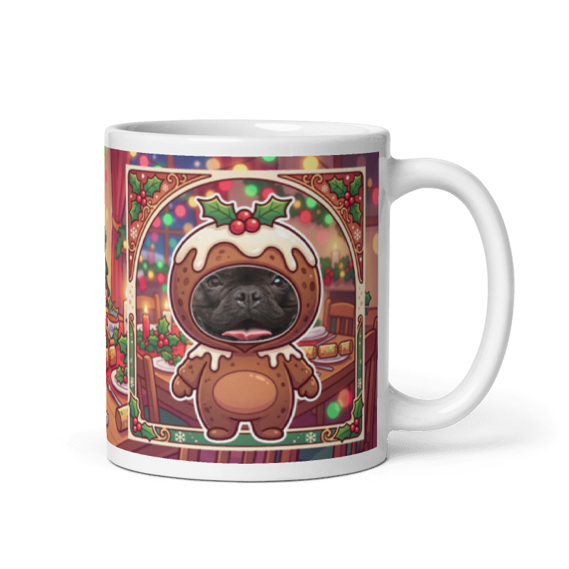 Dog Christmas pudding photo mug with the handle on the right, the dog's face printed on the front