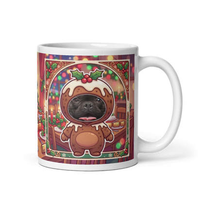 Dog Christmas pudding photo mug with the handle on the right, the dog's face printed on the front