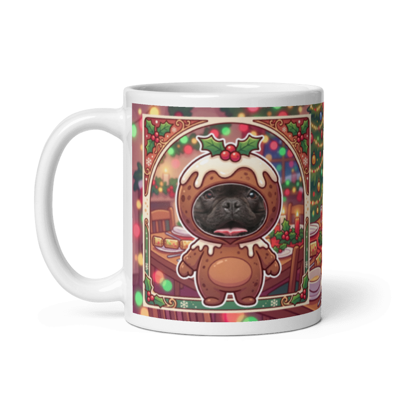 The same dog Christmas pudding mug with the handle on the left, the dog's face still showing