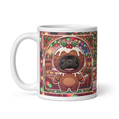 The same dog Christmas pudding mug with the handle on the left, the dog's face still showing