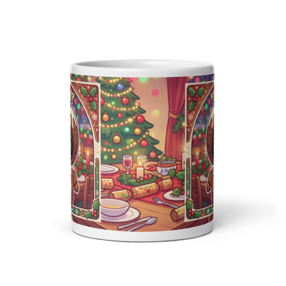 Back of the dog Christmas pudding mug showing a Christmas dinner table with crackers and a lit tree