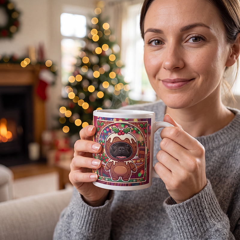 Dog Christmas pudding photo mug held in hand to show the size