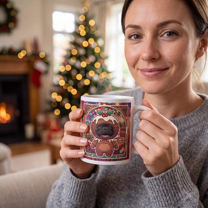 Dog Christmas pudding photo mug held in hand to show the size
