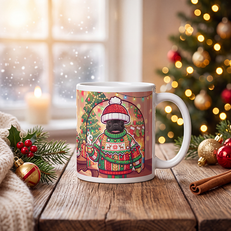 Personalized ugly Christmas sweater dog mug with a dog's face, on a wooden table with a lit Christmas tree and a frosted window behind