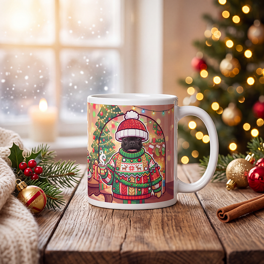 Personalized ugly Christmas sweater dog mug with a dog's face, on a wooden table with a lit Christmas tree and a frosted window behind