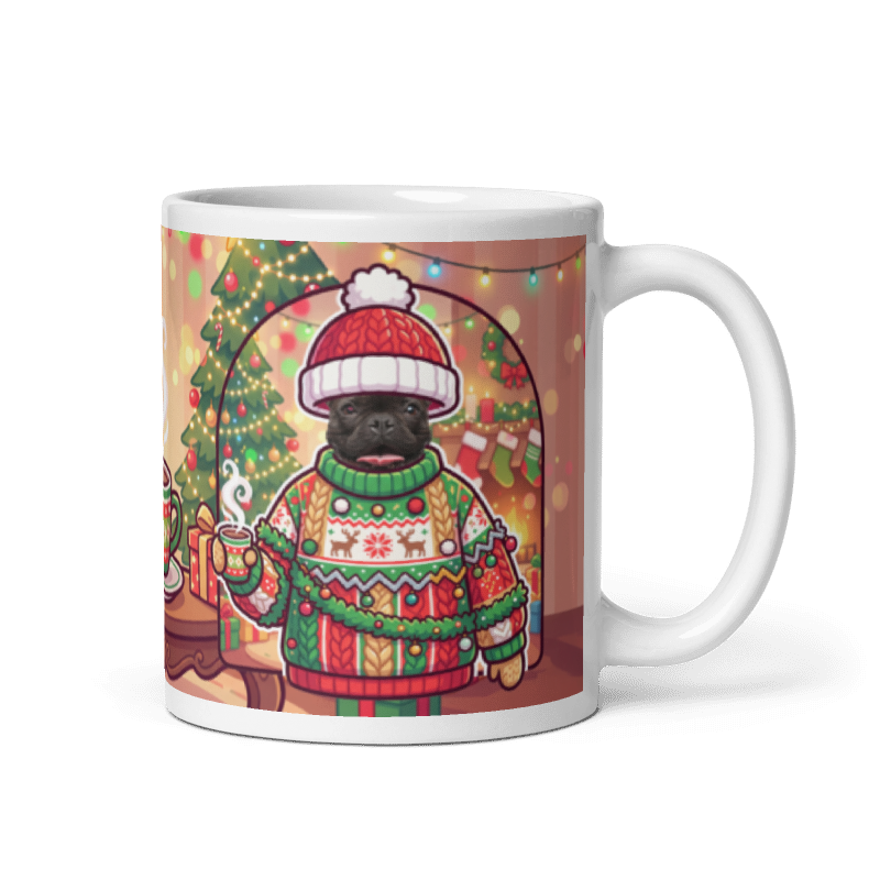 Dog Christmas sweater photo mug with the handle on the right, the dog's face printed on the front