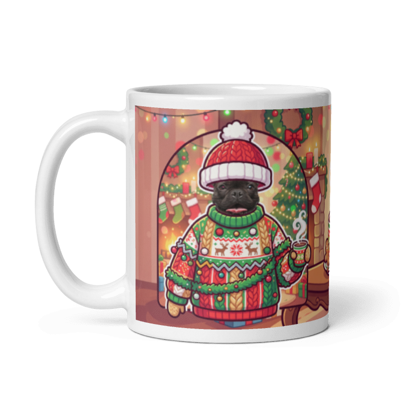 The same dog Christmas sweater mug with the handle on the left, the dog's face still showing