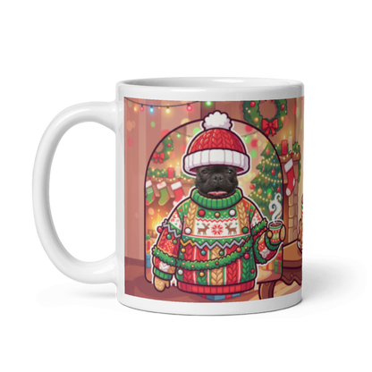 The same dog Christmas sweater mug with the handle on the left, the dog's face still showing