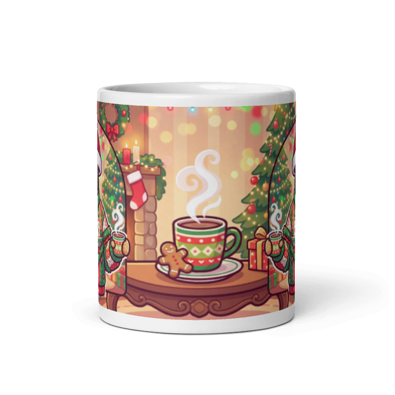 Back of the dog Christmas sweater mug showing a steaming festive cup of cocoa by the fireplace