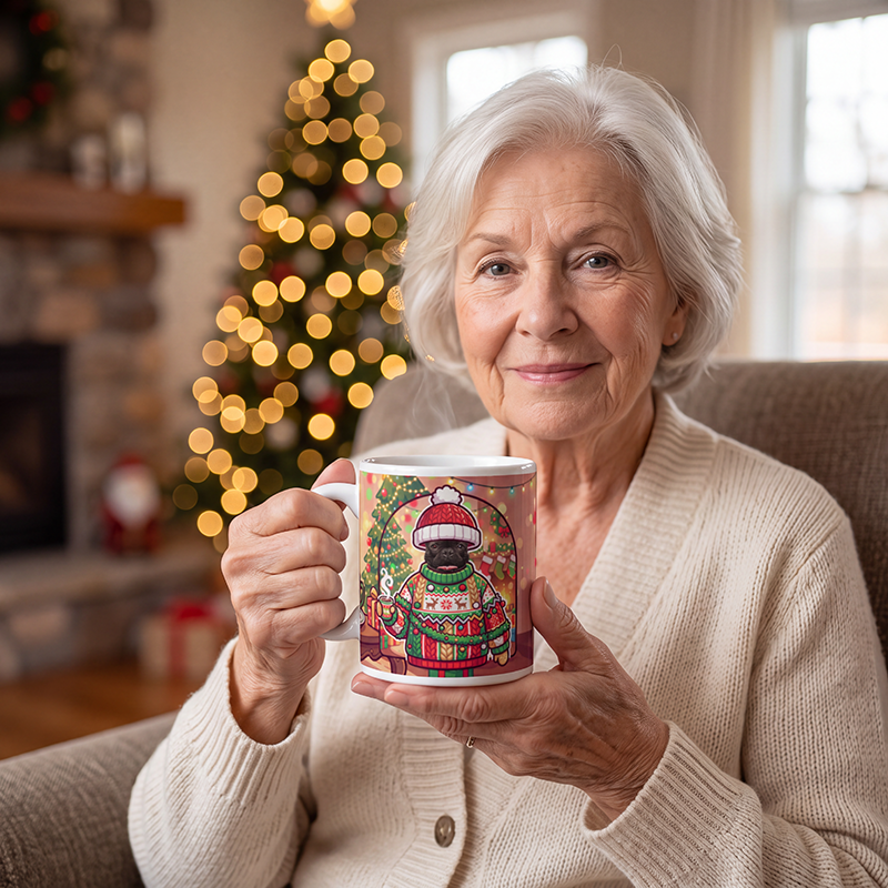 Dog Christmas sweater photo mug held in hand to show the size