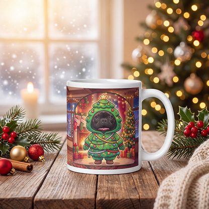 Personalized dog Christmas tree mug with a dog's face, on a wooden table with a lit Christmas tree and a frosted window behind