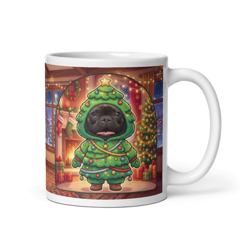 Dog Christmas tree photo mug with the handle on the right, the dog's face printed on the front