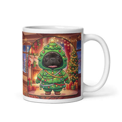 Dog Christmas tree photo mug with the handle on the right, the dog's face printed on the front