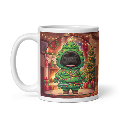 The same dog Christmas tree mug with the handle on the left, the dog's face still showing