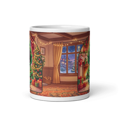 Back of the dog Christmas tree mug showing a cosy living room with fairy lights and a snowy window