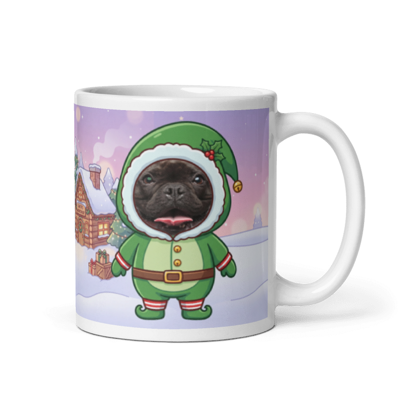 Dog elf photo mug with the handle on the right, the dog's face printed on the front