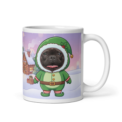 Dog elf photo mug with the handle on the right, the dog's face printed on the front