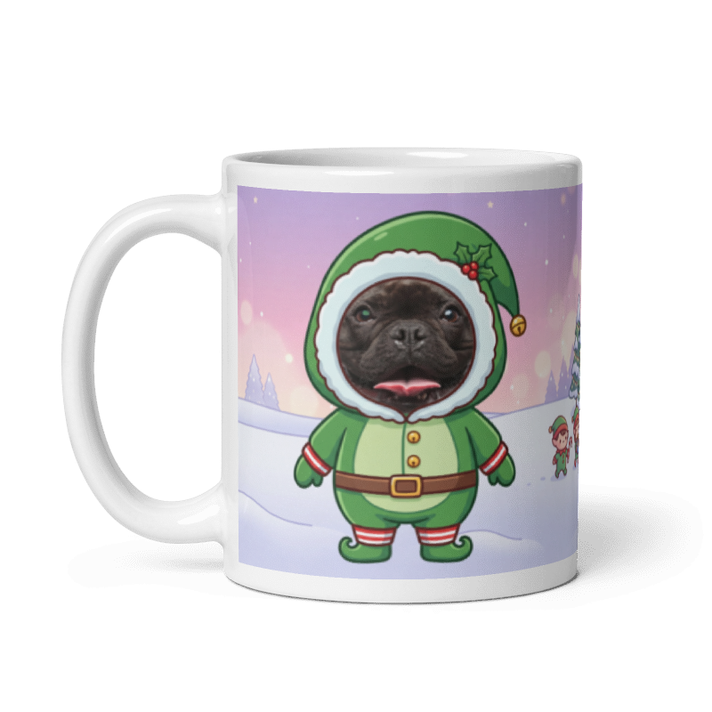 The same dog elf mug with the handle on the left, the dog's face still showing