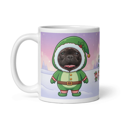 The same dog elf mug with the handle on the left, the dog's face still showing