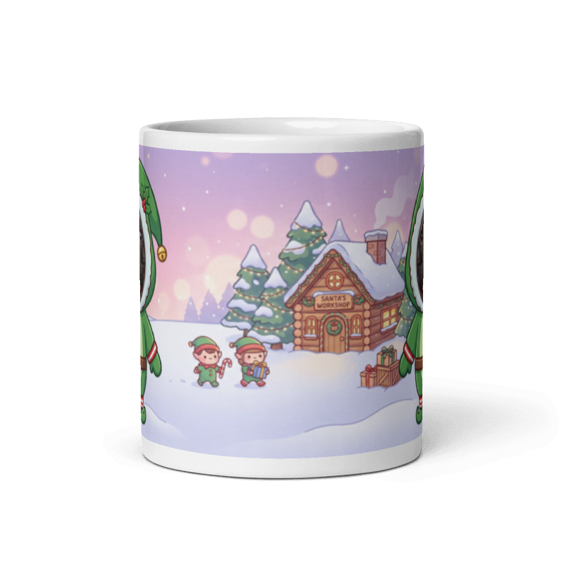 Back of the dog elf mug showing Santa's workshop in the snow with little elves carrying presents
