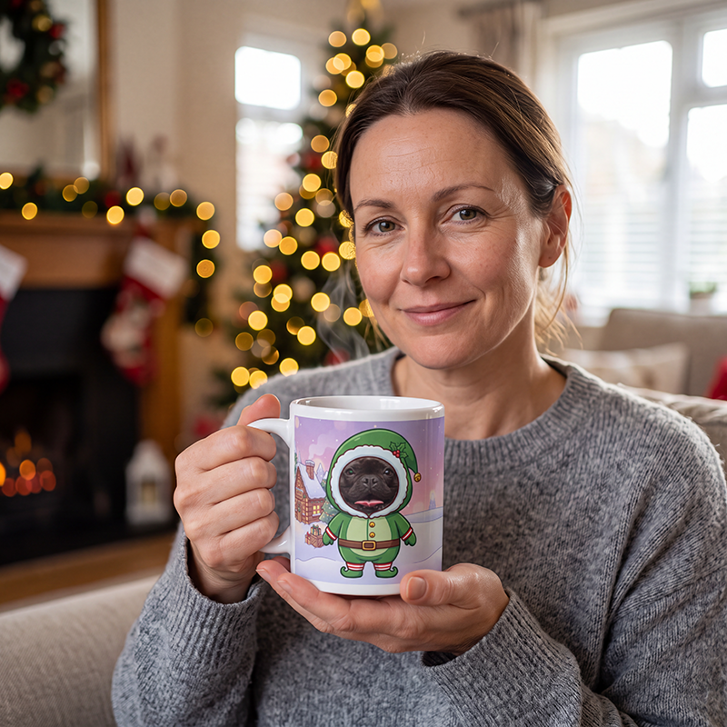 Dog elf photo mug held in hand to show the size