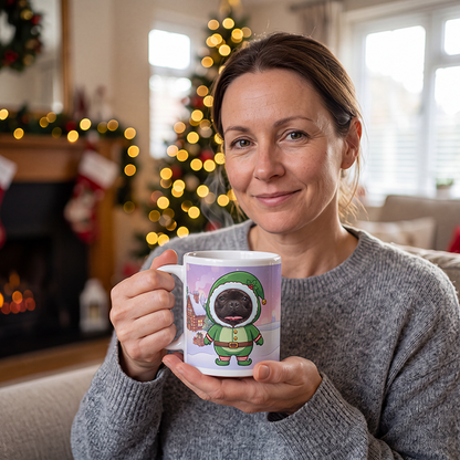 Dog elf photo mug held in hand to show the size