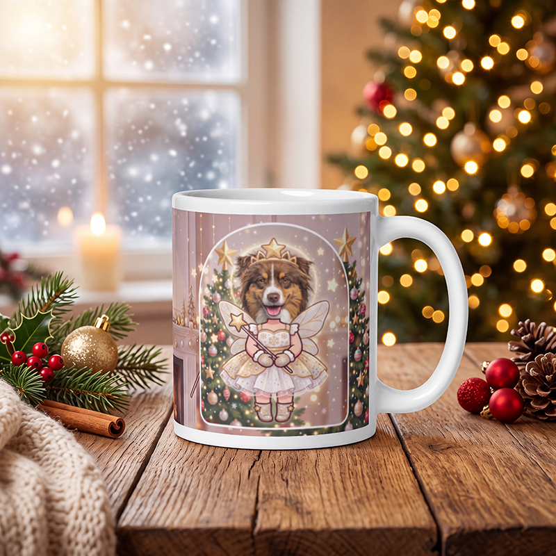 Personalized dog fairy mug with a dog's face, on a wooden table with a lit Christmas tree and a frosted window behind