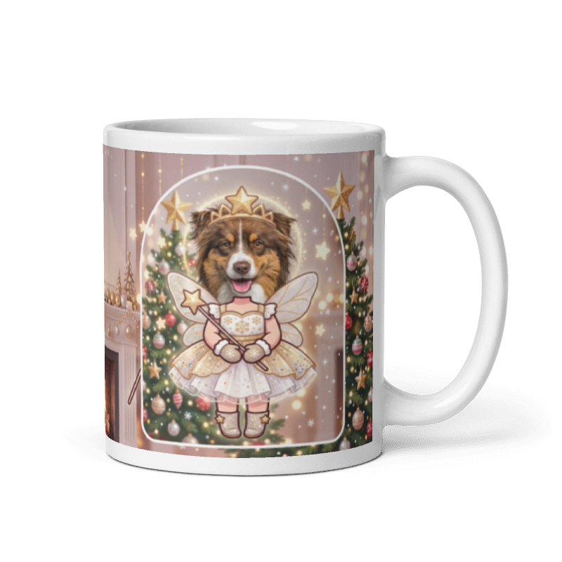 Dog fairy photo mug with the handle on the right, the dog's face printed on the front