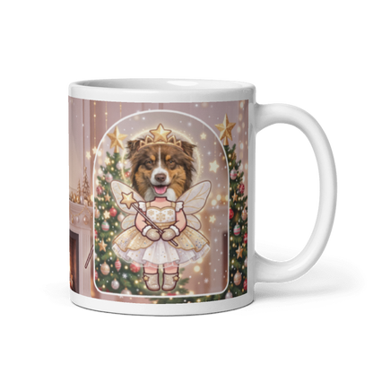 Dog fairy photo mug with the handle on the right, the dog's face printed on the front