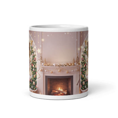 Back of the dog fairy mug showing a pink Christmas room with a fireplace and twinkling lights