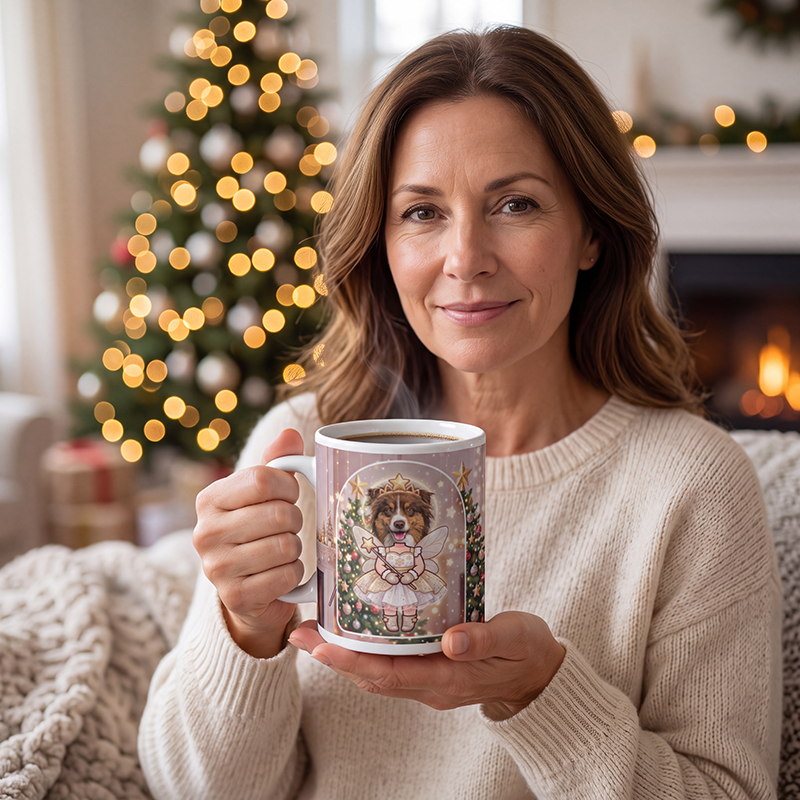 Dog fairy photo mug held in both hands to show the size