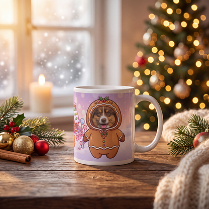 Personalized gingerbread dog mug with a dog's face, on a wooden table with a lit Christmas tree and a frosted window behind