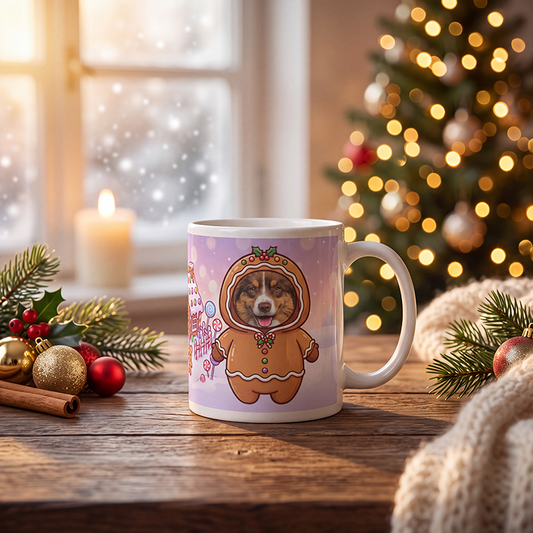 Personalized gingerbread dog mug with a dog's face, on a wooden table with a lit Christmas tree and a frosted window behind