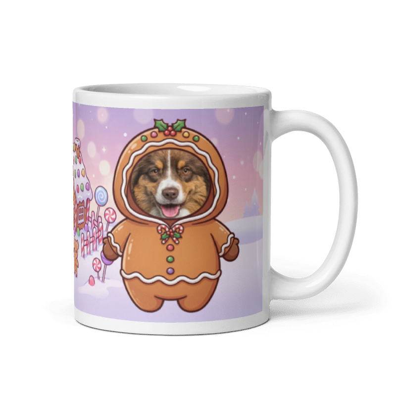 Dog gingerbread photo mug with the handle on the right, the dog's face printed on the front