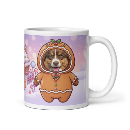 Dog gingerbread photo mug with the handle on the right, the dog's face printed on the front