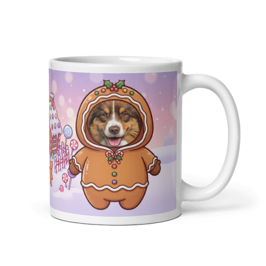 Dog gingerbread photo mug with the handle on the right, the dog's face printed on the front