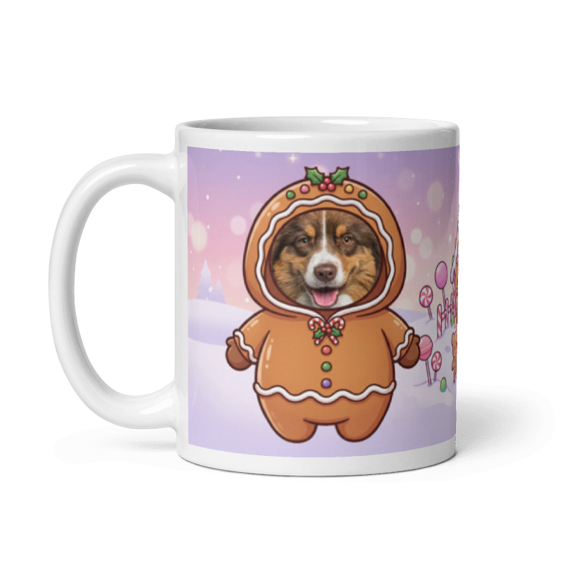 The same dog gingerbread mug with the handle on the left, the dog's face still showing