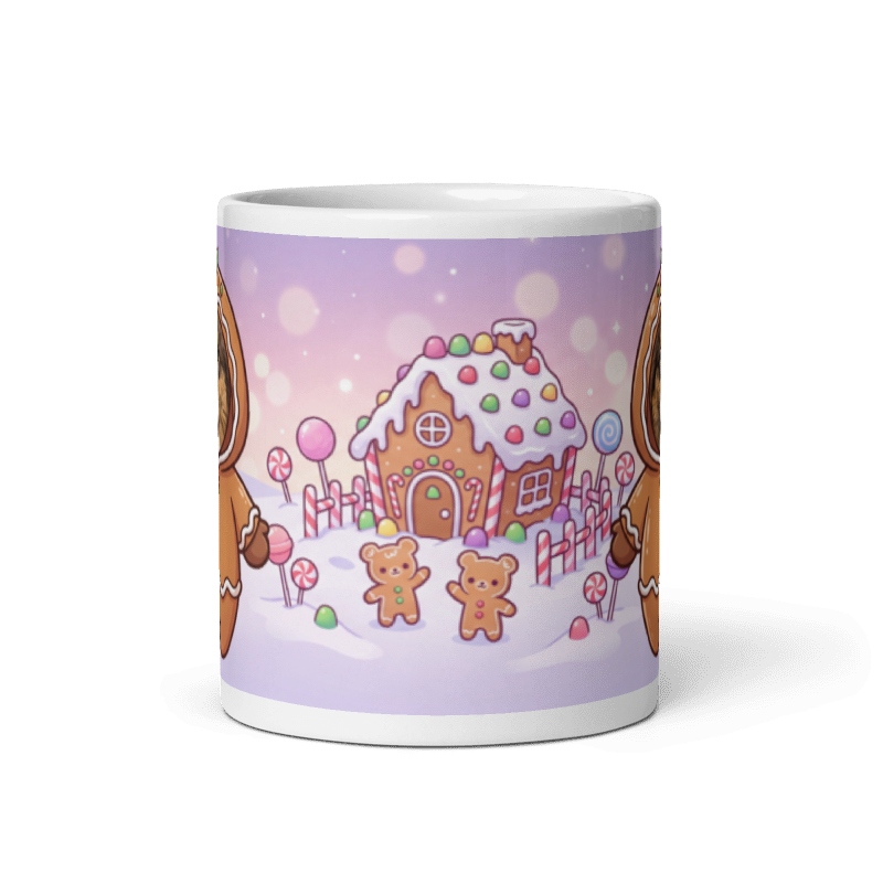 Back of the dog gingerbread mug showing a candy gingerbread house with little gingerbread friends