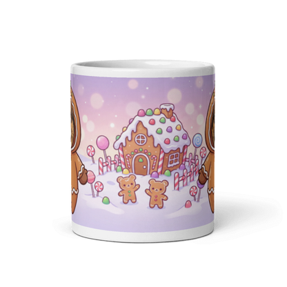 Back of the dog gingerbread mug showing a candy gingerbread house with little gingerbread friends