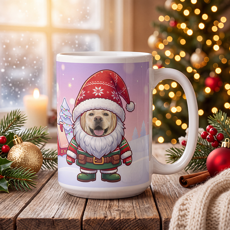Personalized dog gnome mug with a dog's face, on a wooden table with a lit Christmas tree and a frosted window behind